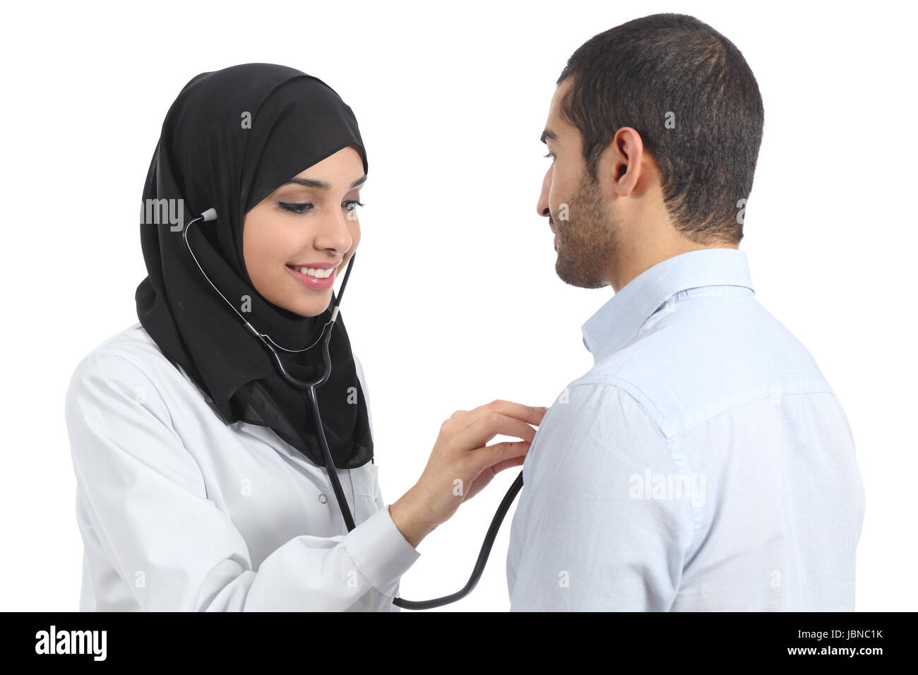 arab saudi doctor woman examining patient isolated on a white background JBNC1K