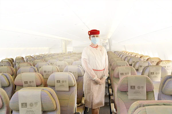 cabin crew on board wearing ppe